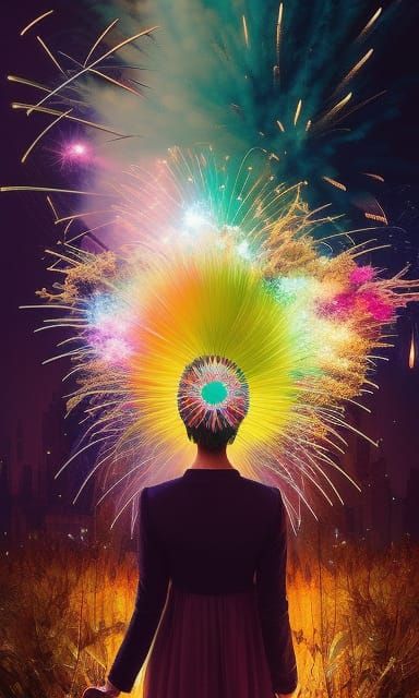 Princess with Exploding Fireworks: Surreal Art