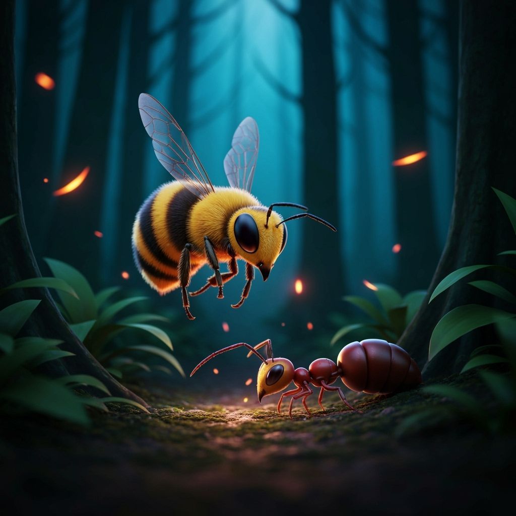 Bee Hunts Ant in Dark Forest, 3D Anime Art Style