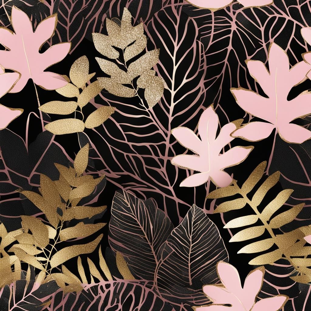 Monochrome Pink Leaf Pattern with Gold Glitter