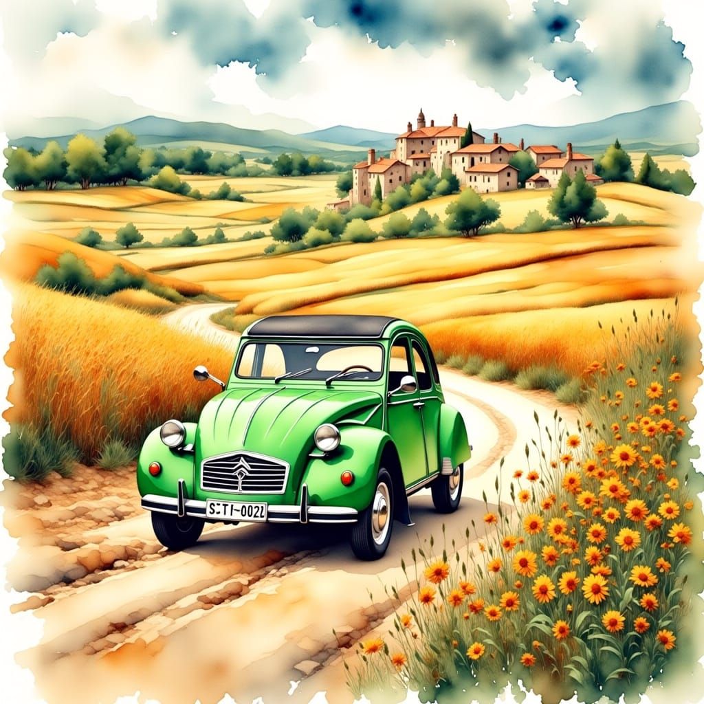 Vintage Citroen 2CV Drives Through Idyllic French Countrysid...
