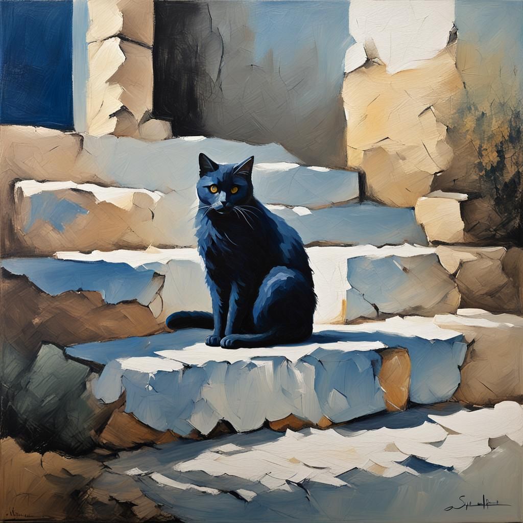 Cat in Greece: Minimalist Oil Painting