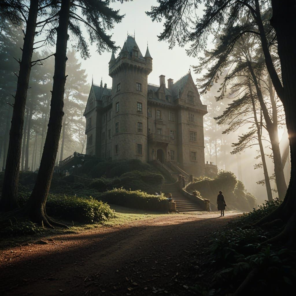 Majestic Gingham Castle in Mystical Forest, Cinematic Film S...