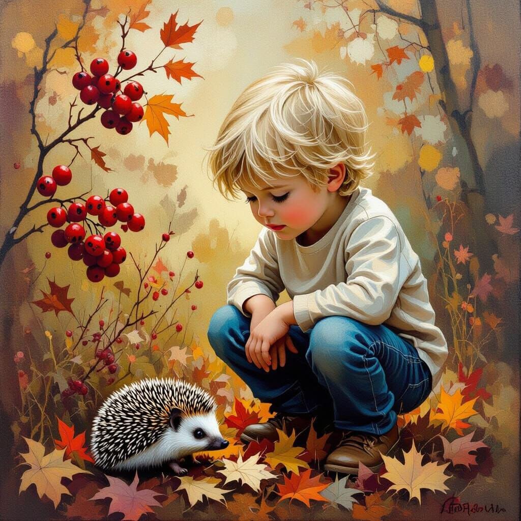 Boy and Hedgehog in Surreal Autumn Dreamscape