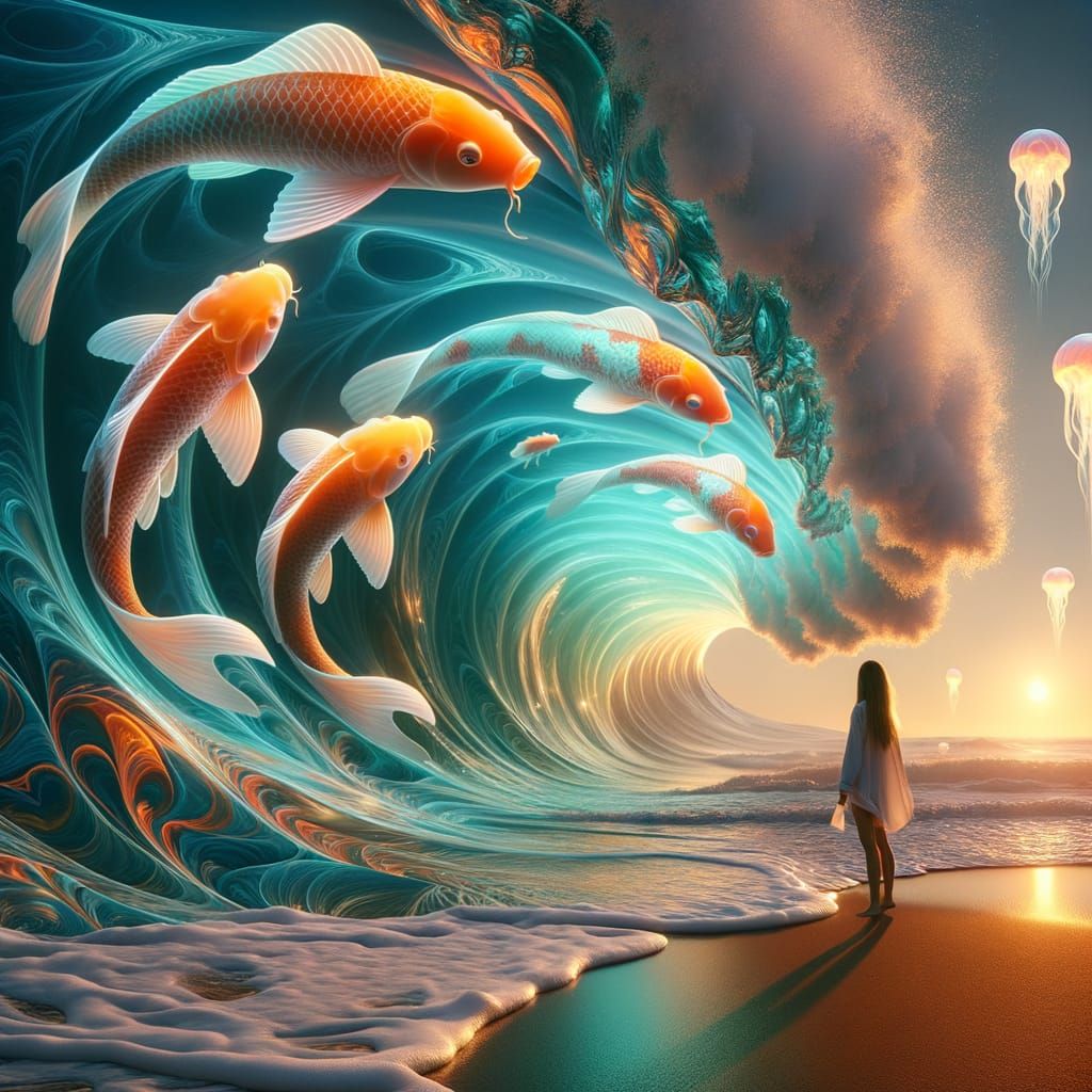 Surreal Beach with Frozen Waves and Glowing Koi Fish