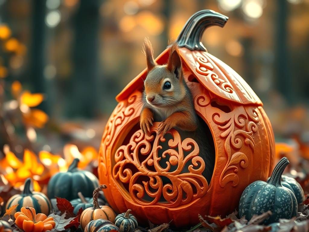 Squirrel Mc Gourd in his cutesie little Pumpkin House