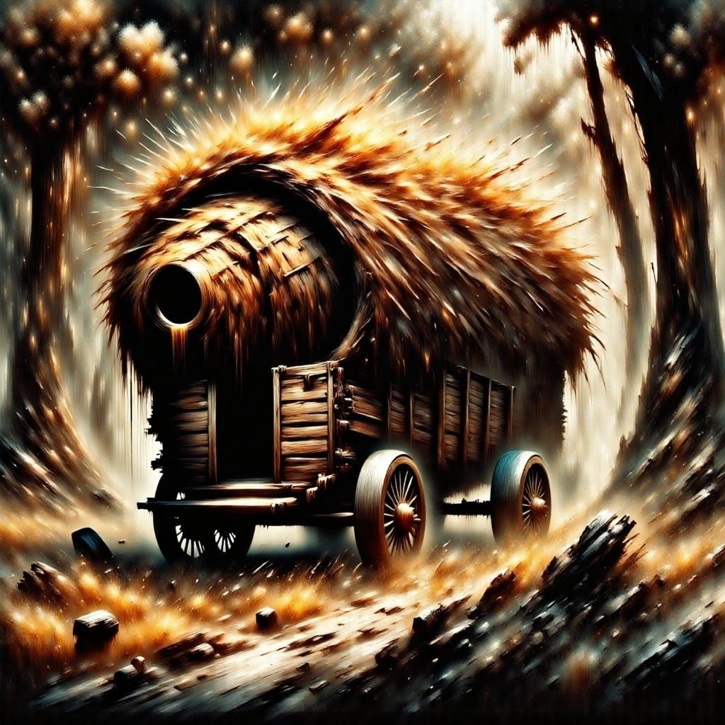 Rustic Straw Wagon on Forest Path Oil Painting