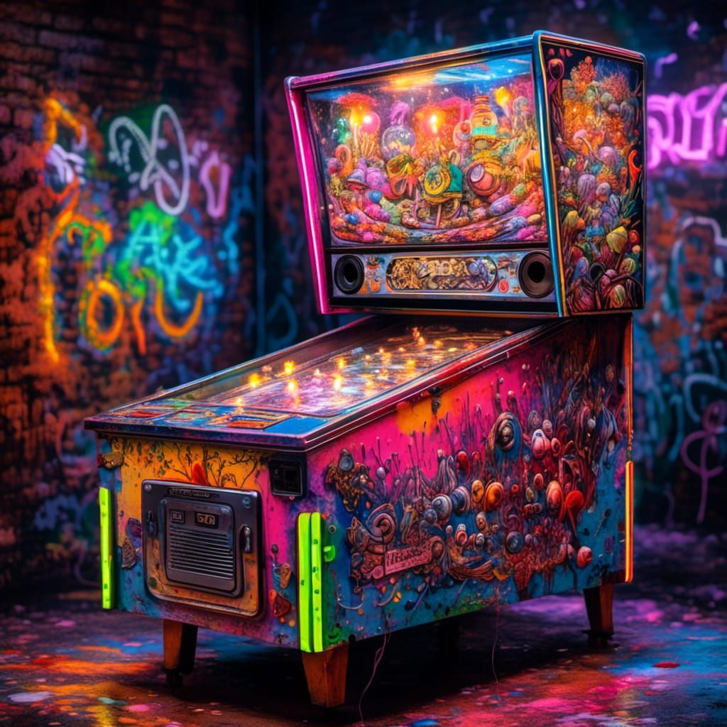 Neon Pinball Machine Graffiti Art in Street Style