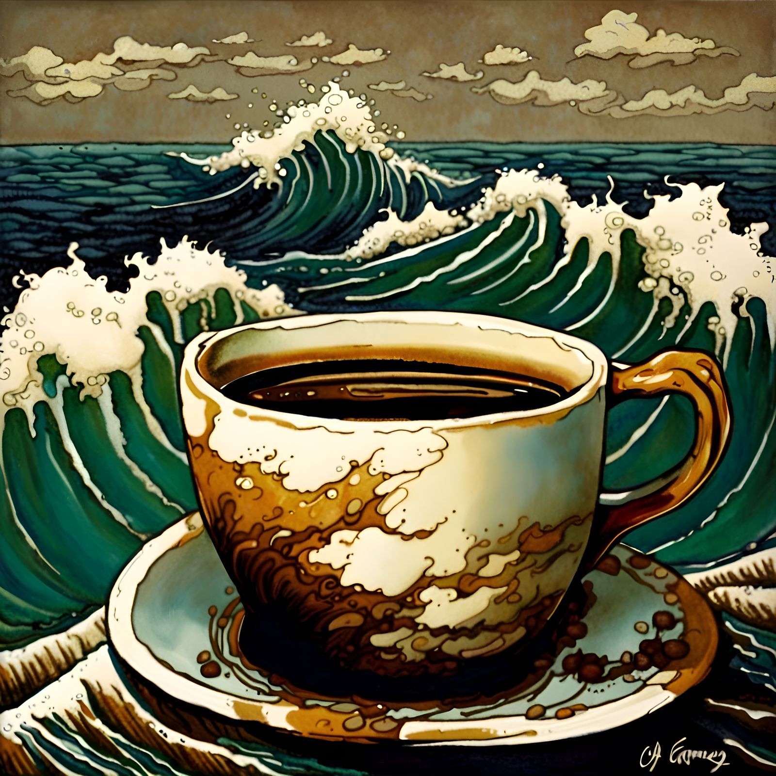 A coffee cup is dreaming of the coffee ocean
