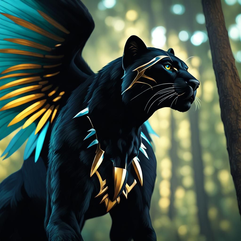 Winged Panther Descends in Bioluminescent Forest