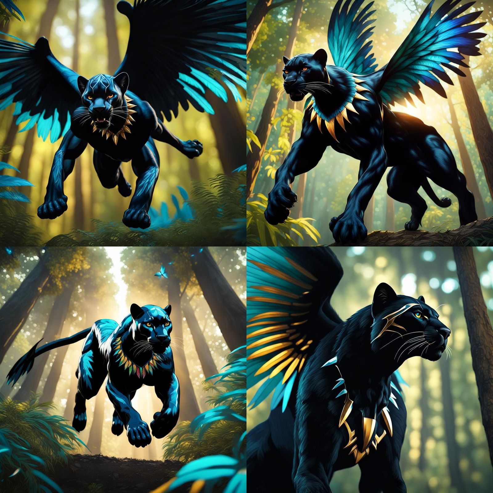 Winged Panther Descends in Bioluminescent Forest