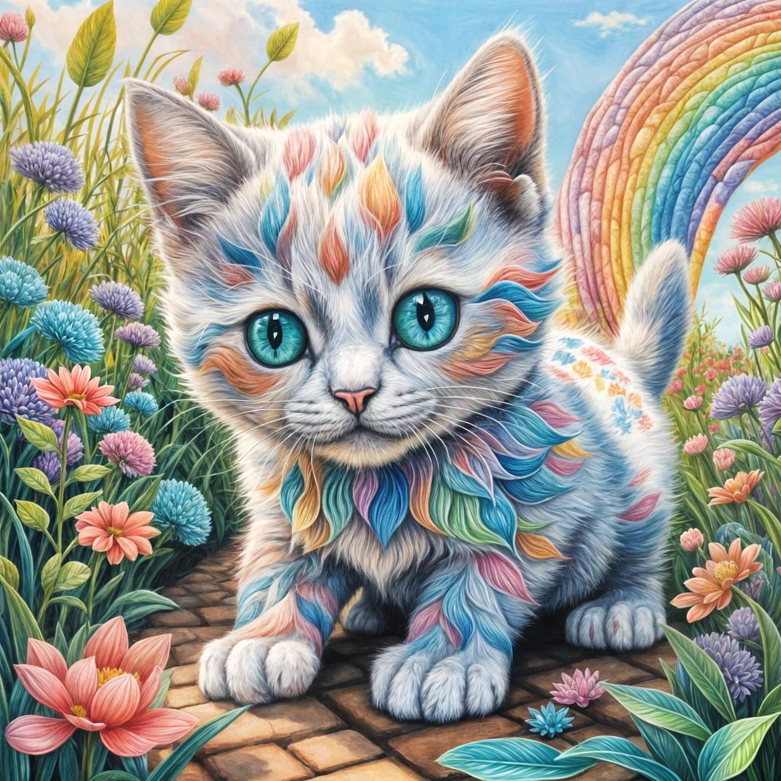 Rainbow Kitten in Garden: A Zentangle Drawing
