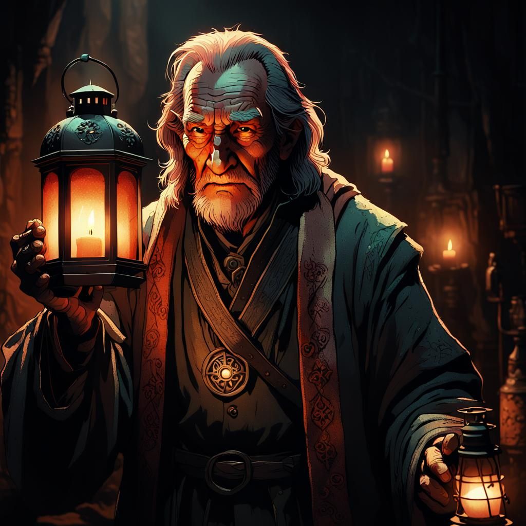 Argus Filch in Dark Room with Medieval Lantern