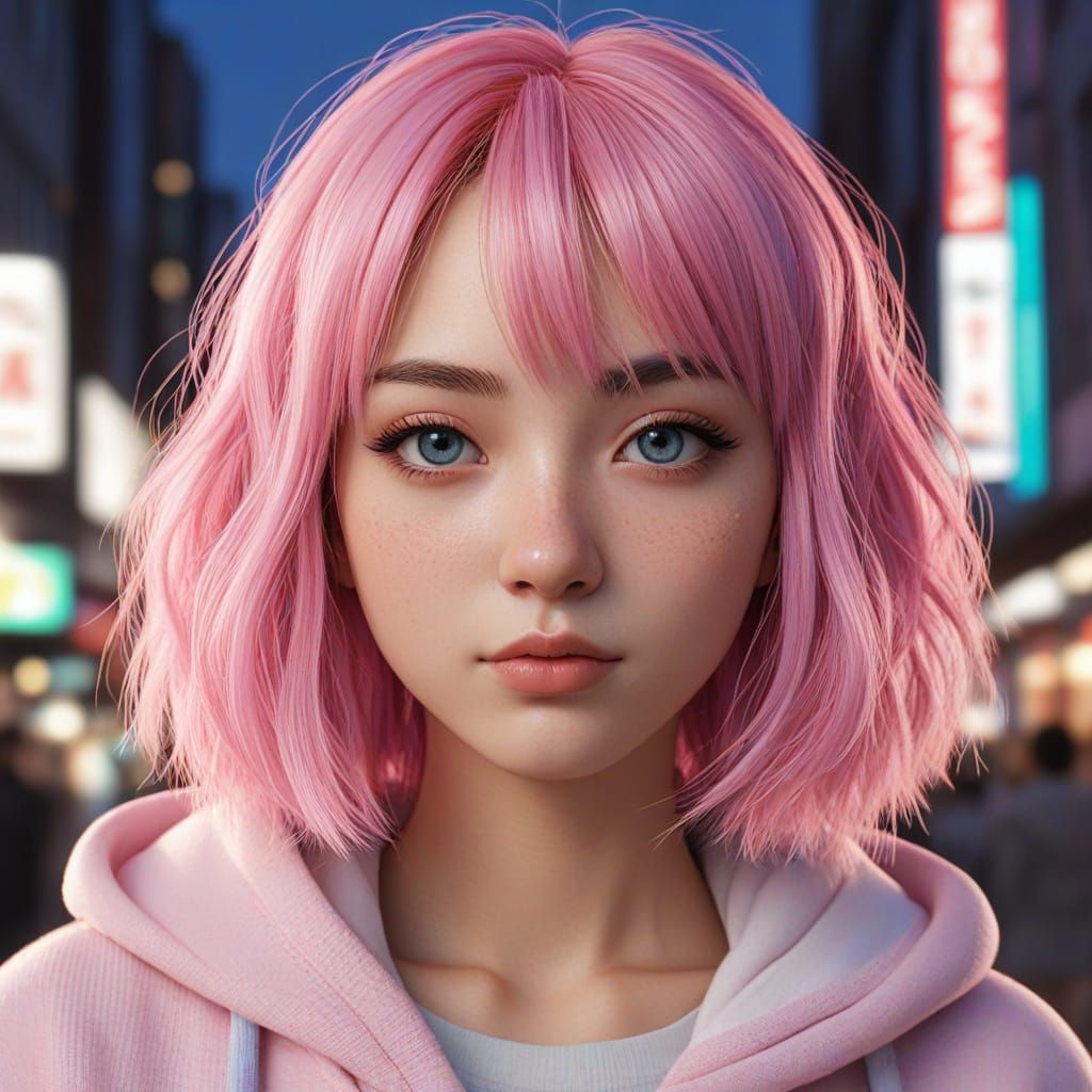 Kawaii Anime Girl in Vibrant Tokyo Street