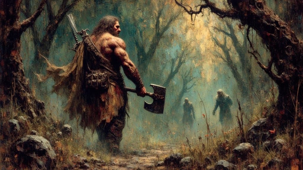 Barbarian in Forest, Frazetta-esque Fantasy Art