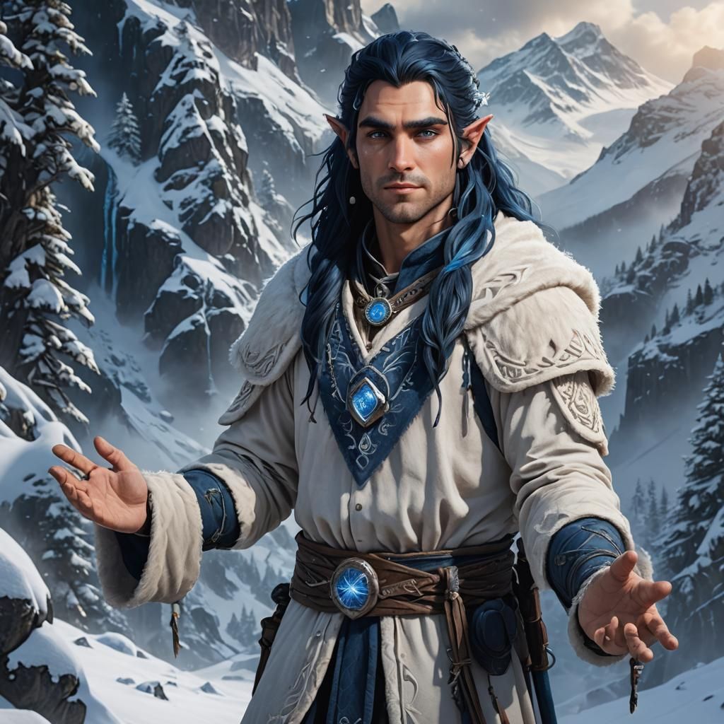 Halfling Winter Druid in Snowy Mountain Landscape