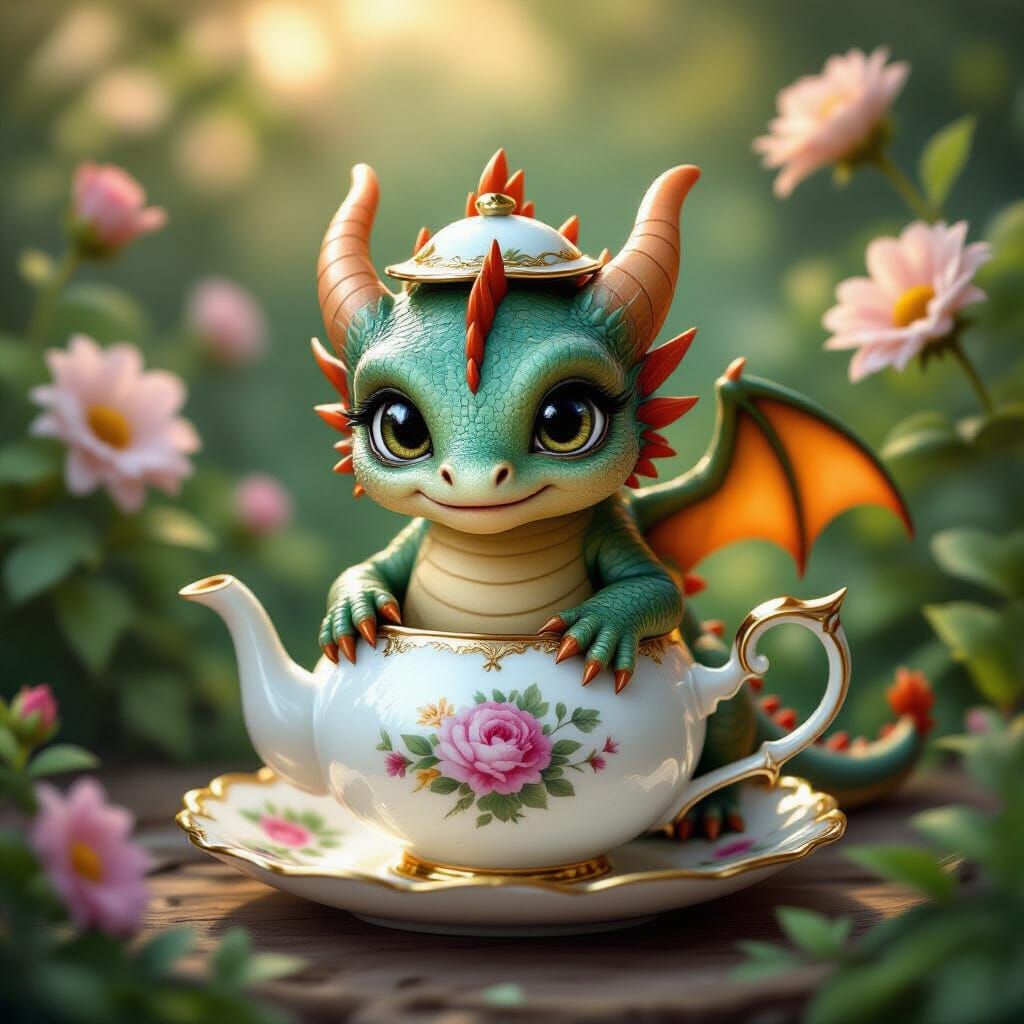Tiny Iridescent Dragon in Fantasy Garden Tea Set