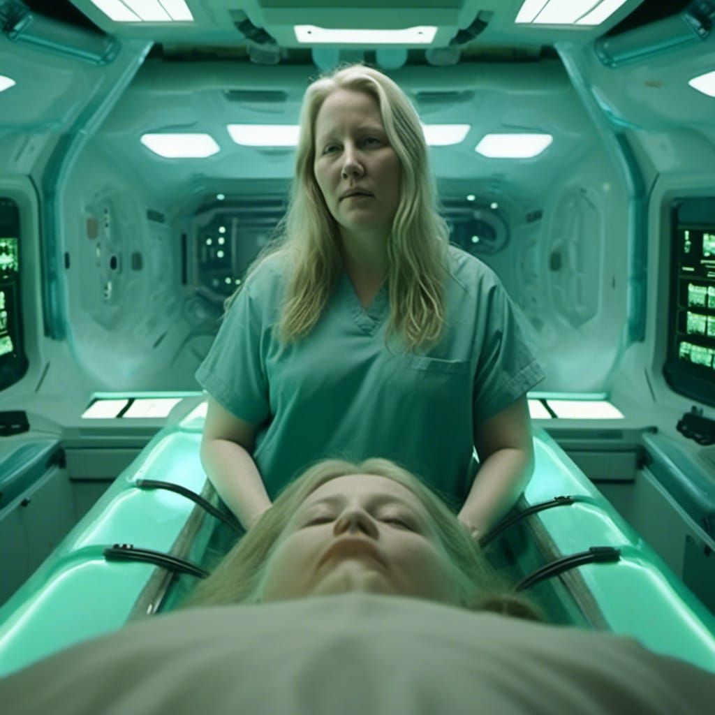 Woman in Cyberpunk Operating Theater with Alien Light