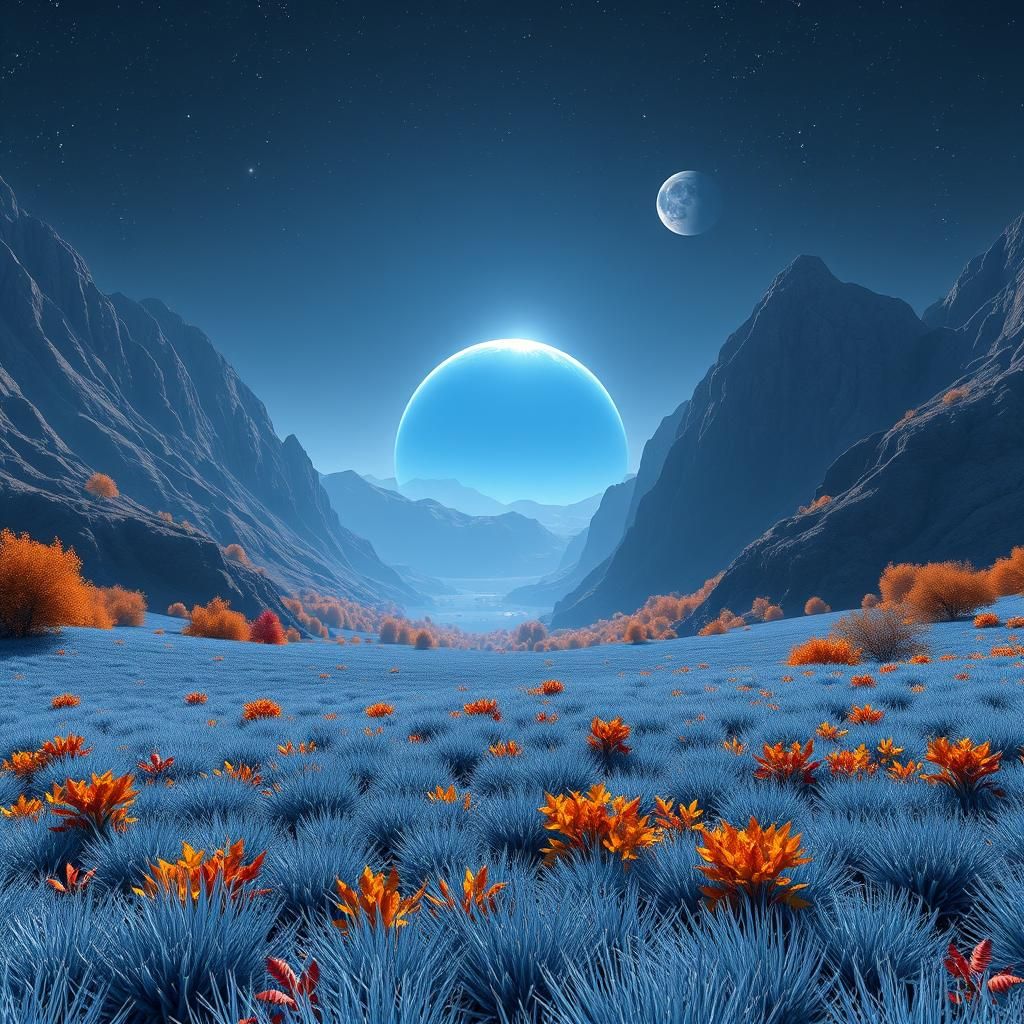 Alien Planet Valley with Blue Grass Field in 3D