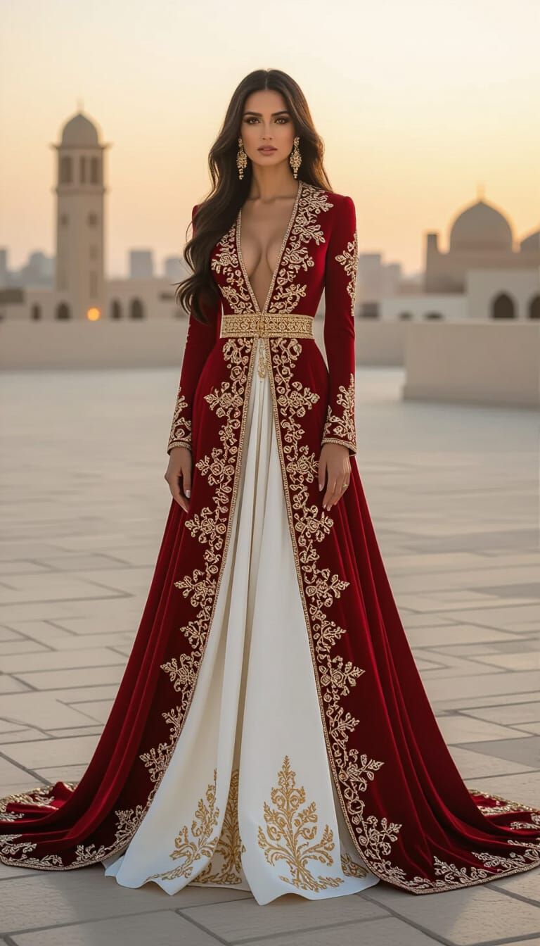 Majestic Woman in Haute Couture at Golden Hour