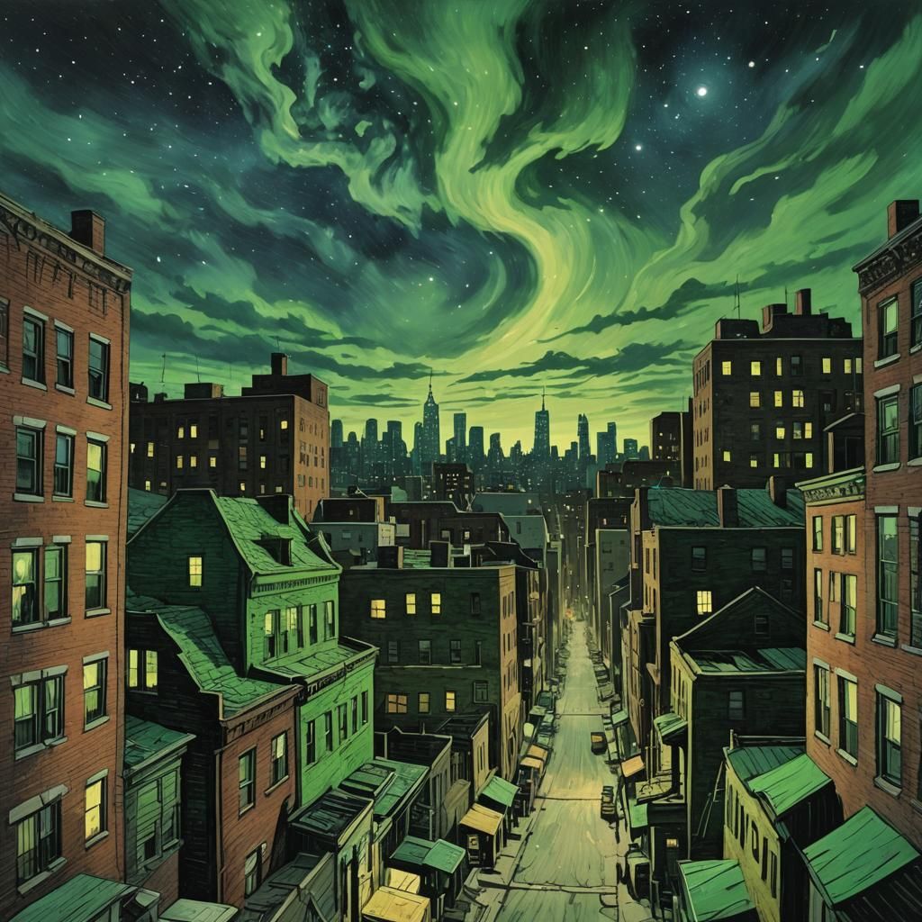 Green Night Sky Over New York, Van Gogh Style