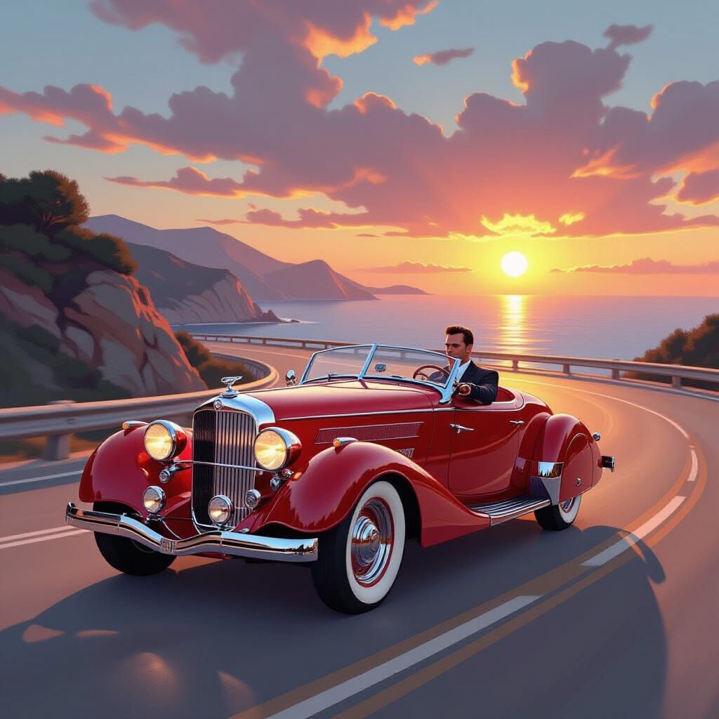 Crimson Speedster Races Coastal Highway at Sunset: Art Deco ...