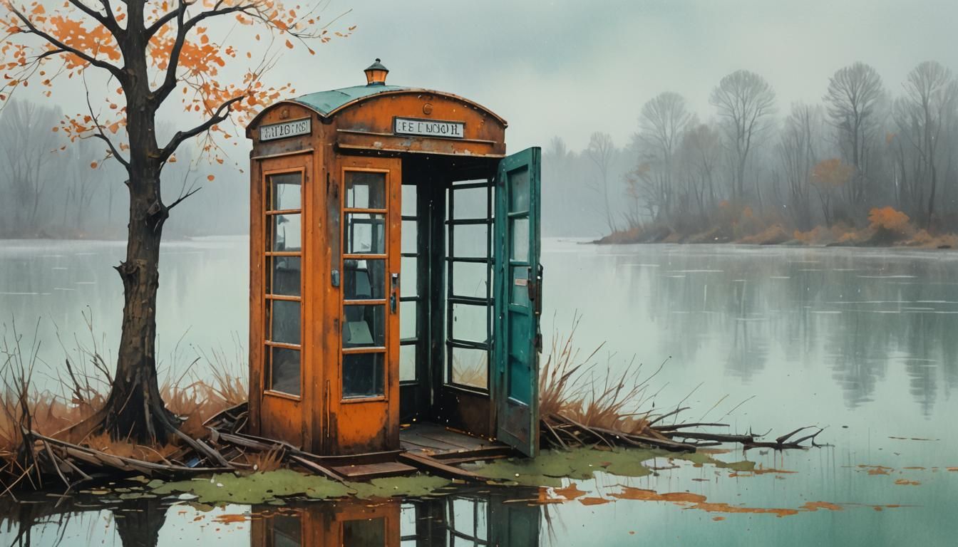Rusted Phone Booth on Foggy Island as Impressionist Painting