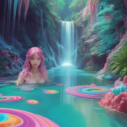 Woman Swimming in Waterfall: Candy Art Style