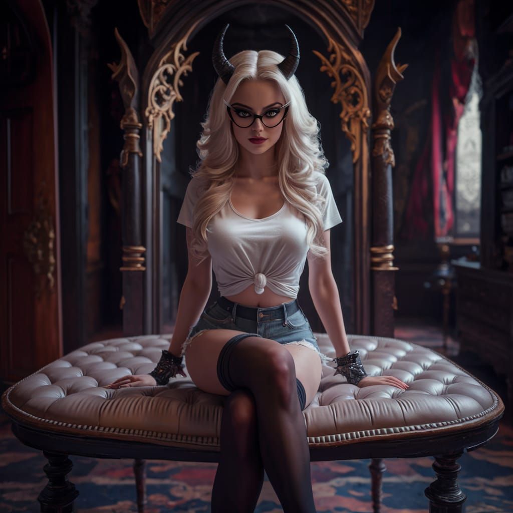 Woman with Horns in Gothic Room, Photorealistic