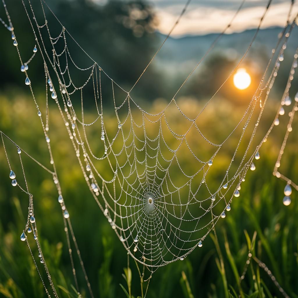 Hyperrealistic Wire Rope Spider Web with Water Droplets
