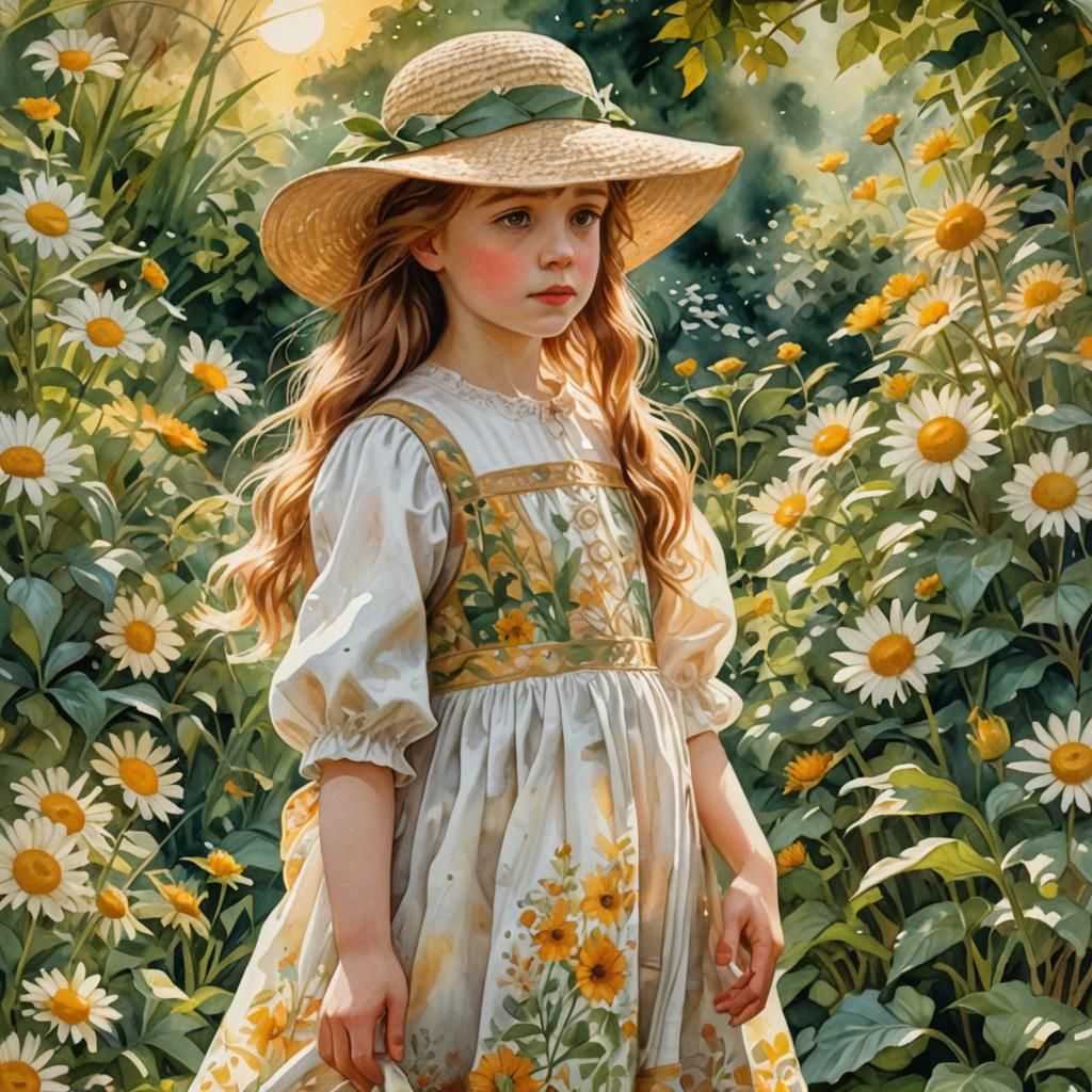 Victorian Girl in Sunlit Garden Watercolor