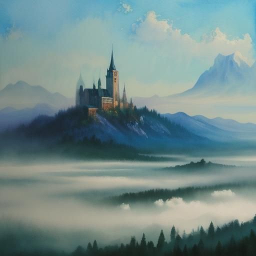 Misty Dawn Castles: Gouache Style Watercolor Impression