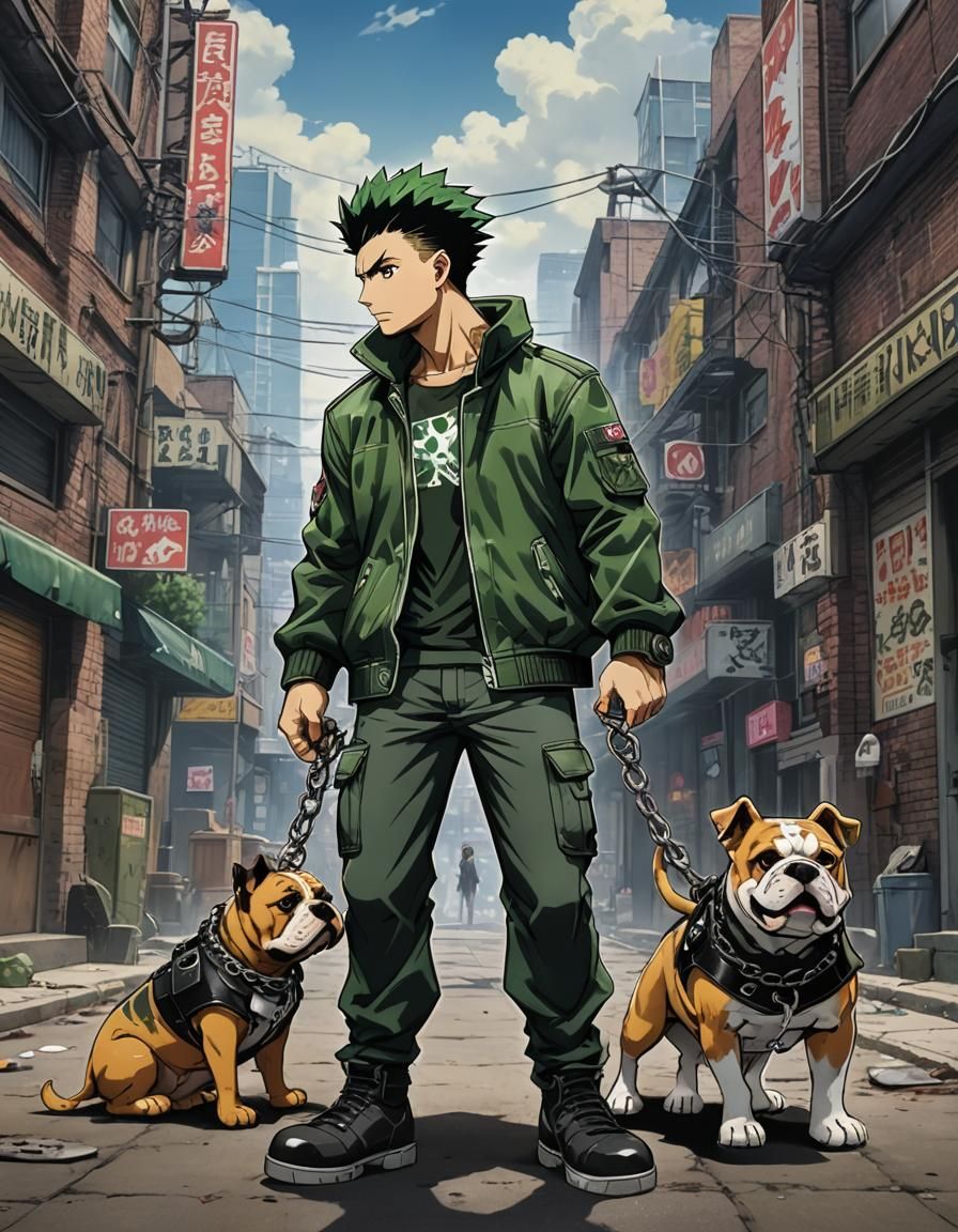 Confident Man with Bulldog in Manga Style