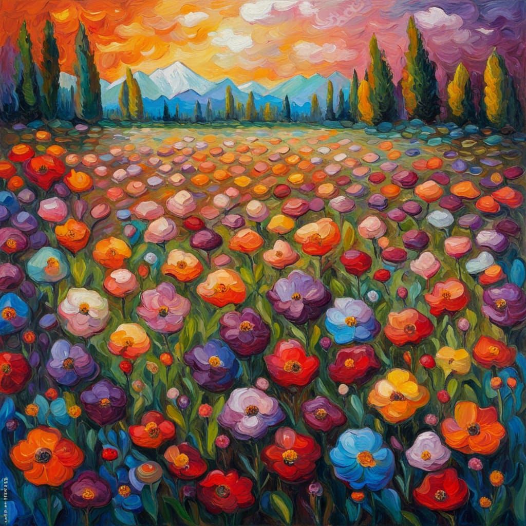 Colorful Flower Field as Impressionist Painting