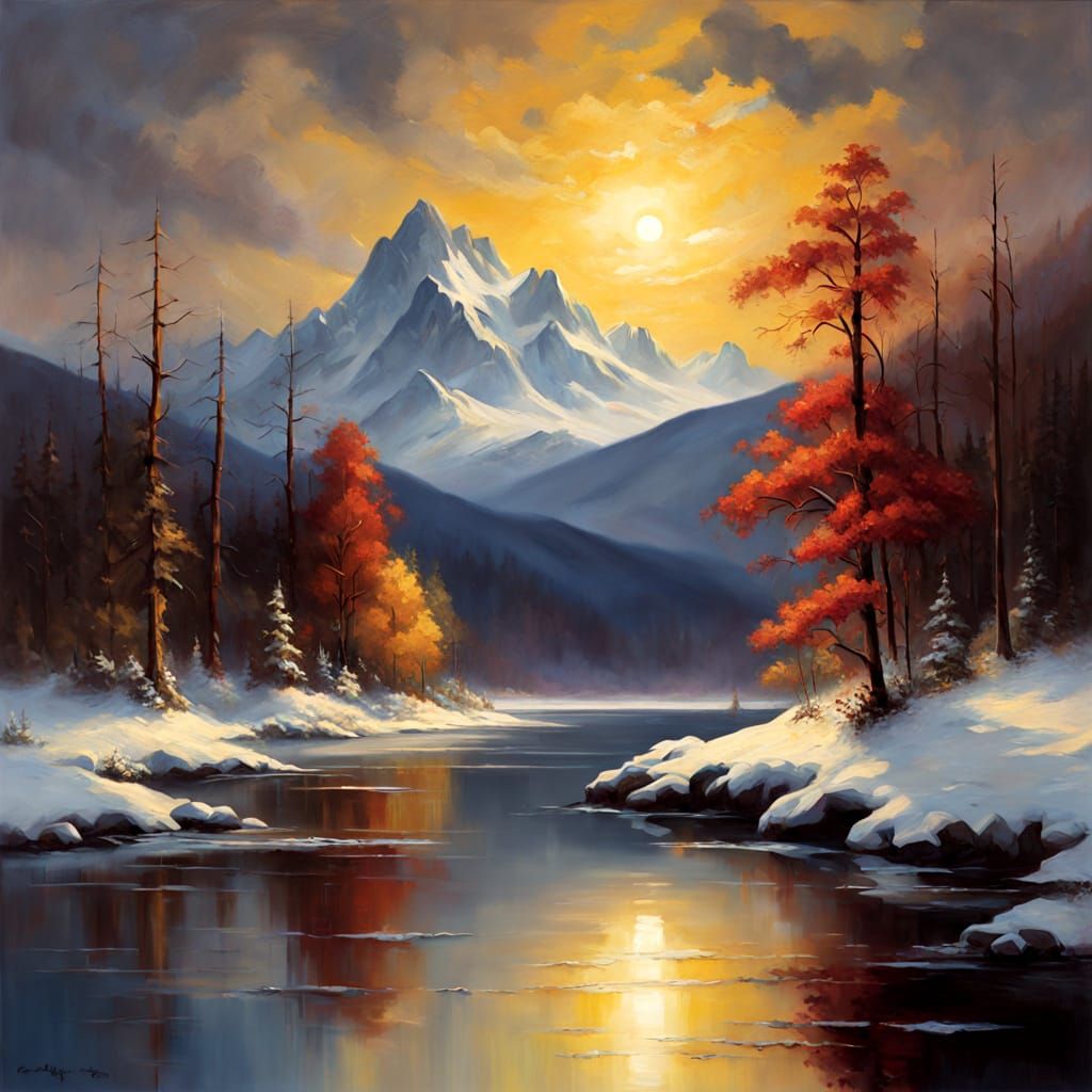 Serene Winter Oil Painting of Crimson Trees and Still Lake