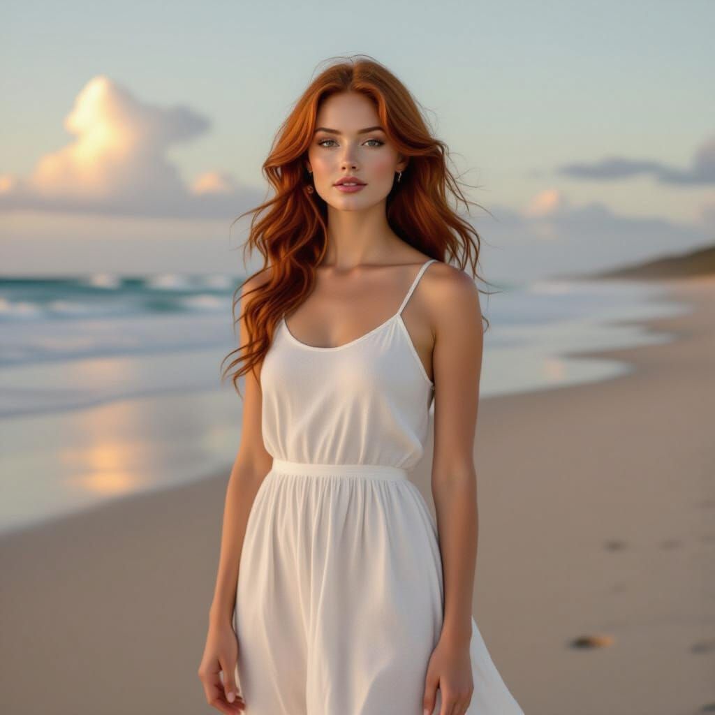 Pretty Woman on Australian Beach at Dusk in Tonalism Style