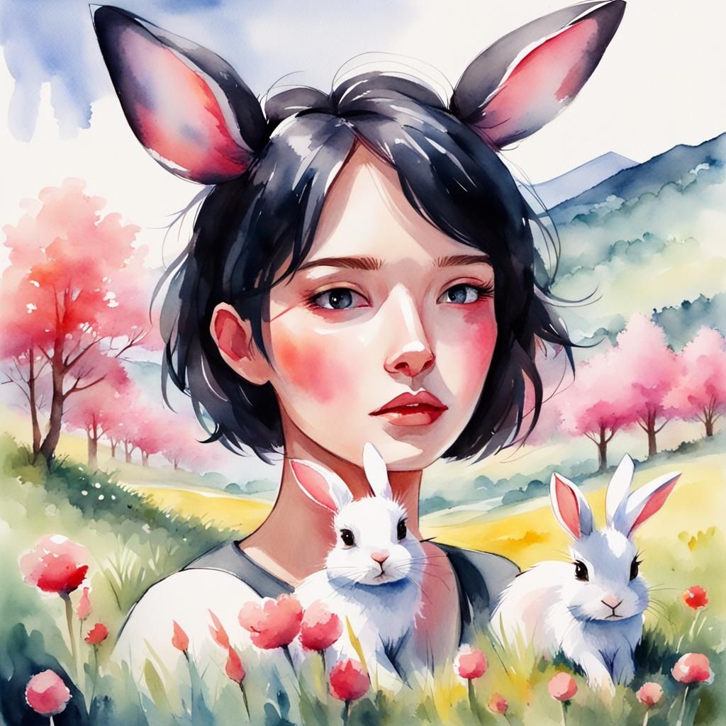 Watercolor Bunny Girl in Sunny Meadow Landscape