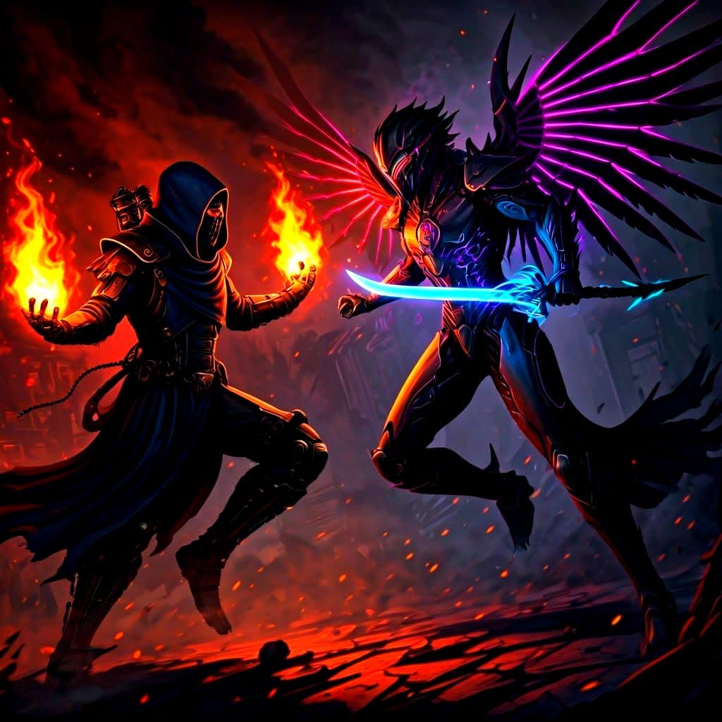 Pyromancer vs Swordsman in Cybernetic Battle Suit