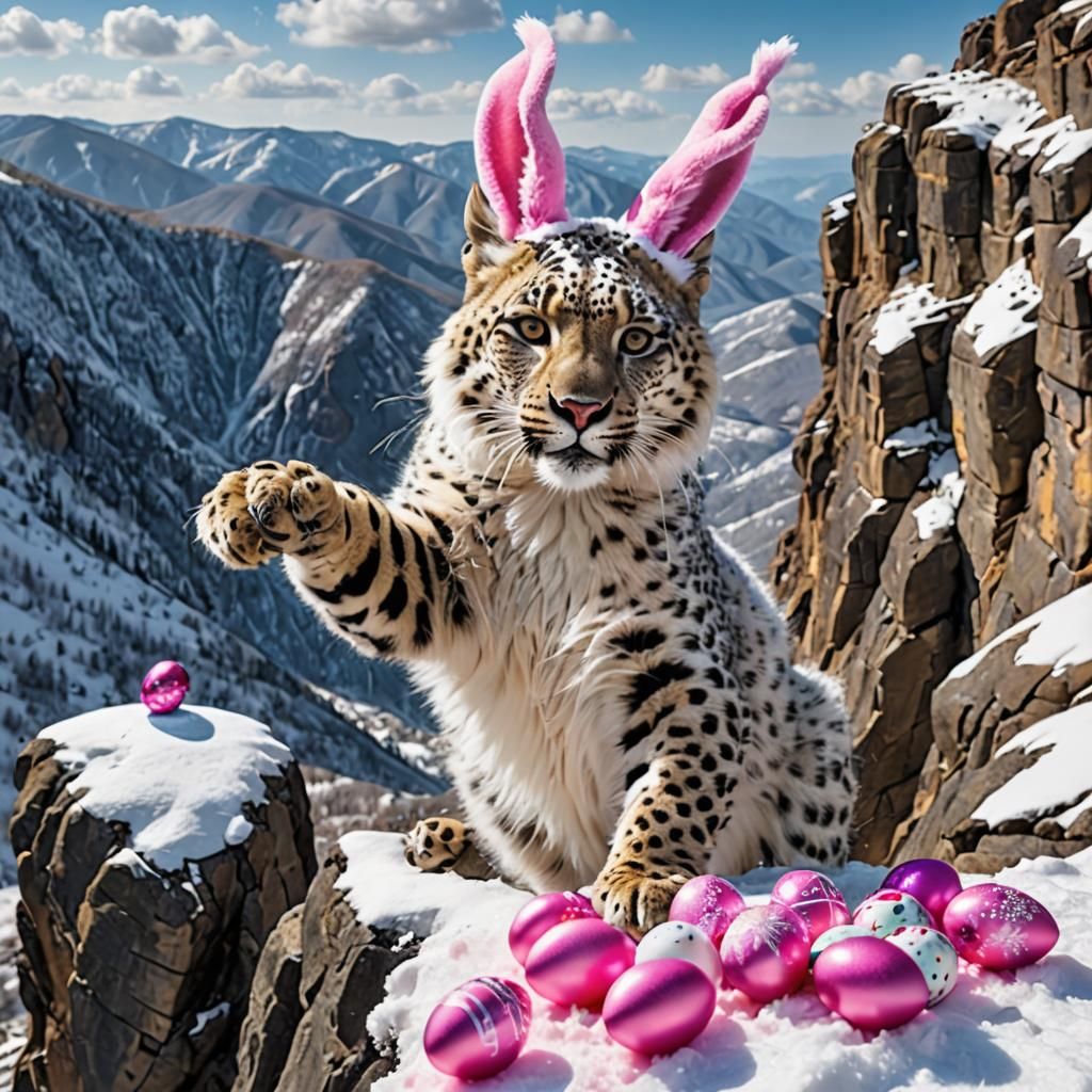 Snow Leopard Easter Mischief with Rabbit Ears