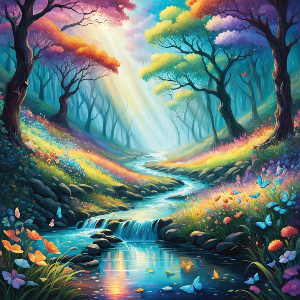 A luminous grove unfurls in a hidden valley, where trees shimmer with kaleidoscopic leaves—rose, turquoise, amber, viole...