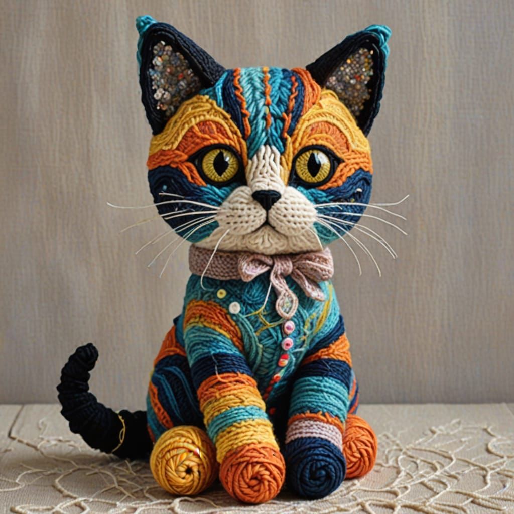 Vibrant Crochet Cat in Whimsical Textile Masterpiece
