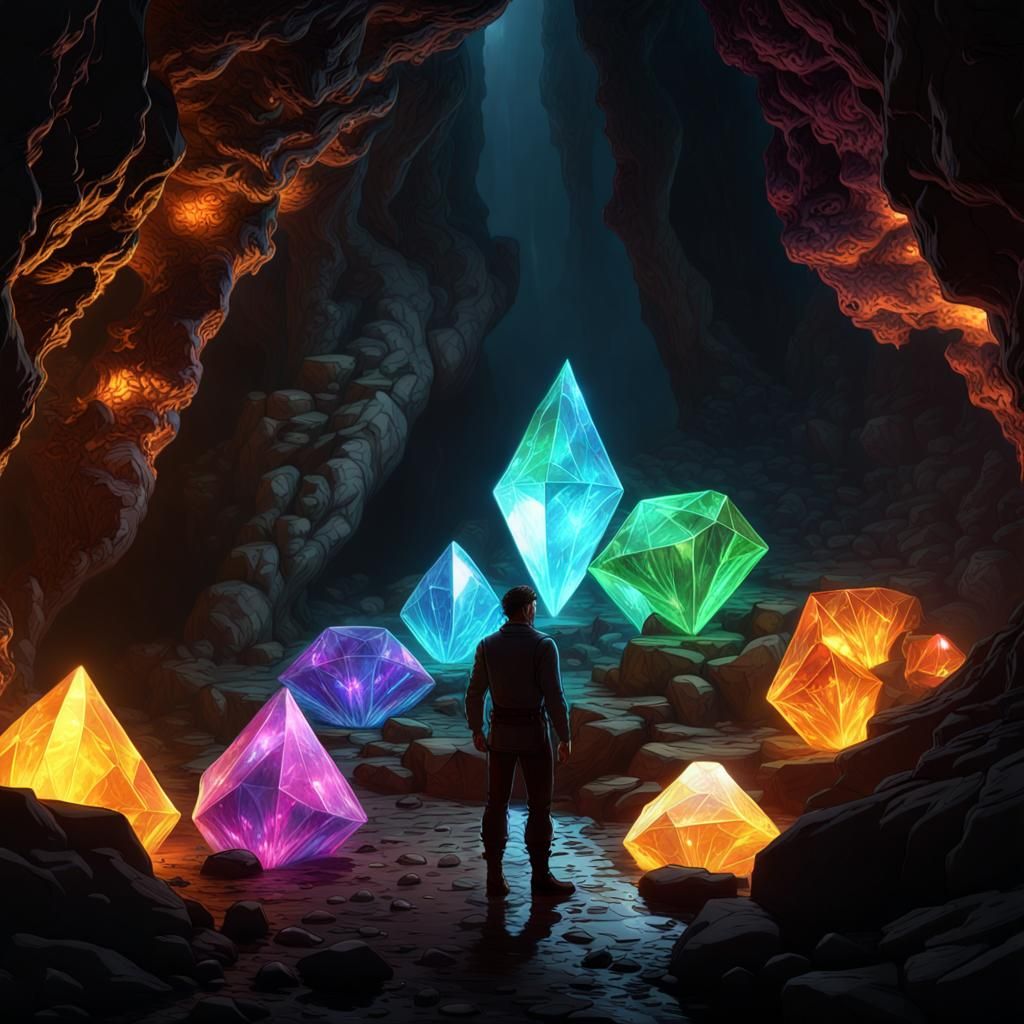 Glowing Diamonds in Dark Cave, Fantasy Art
