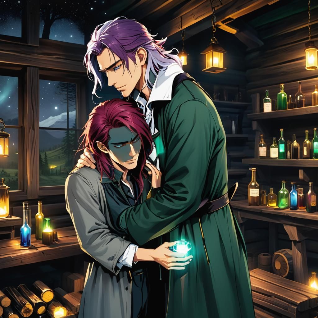 Worried Man Holds Collapsed Friend in Magical Cabin