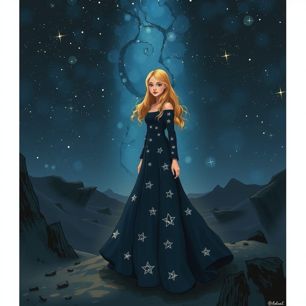 Teenager in Starry Gown: Ethereal Digital Illustration