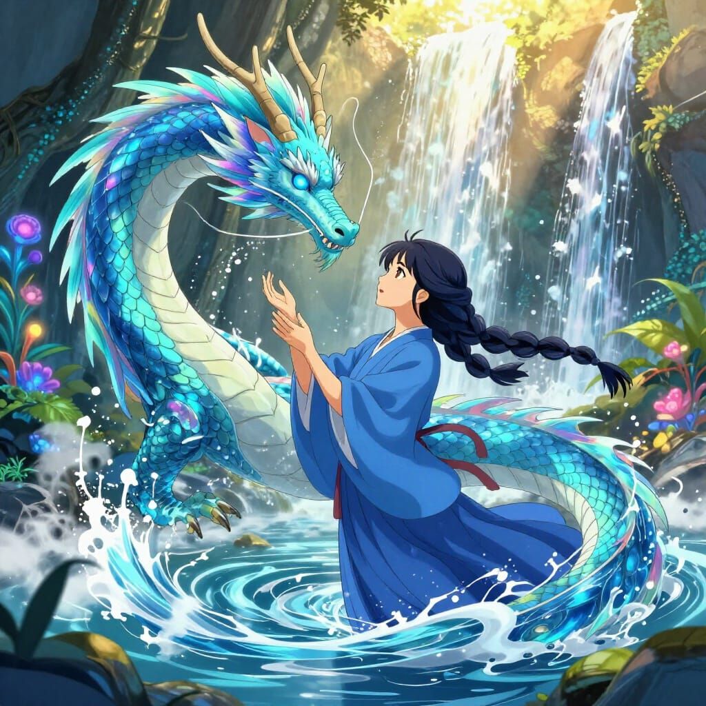 Water Sorceress and Feathered Water Dragon in Mystical Grott...