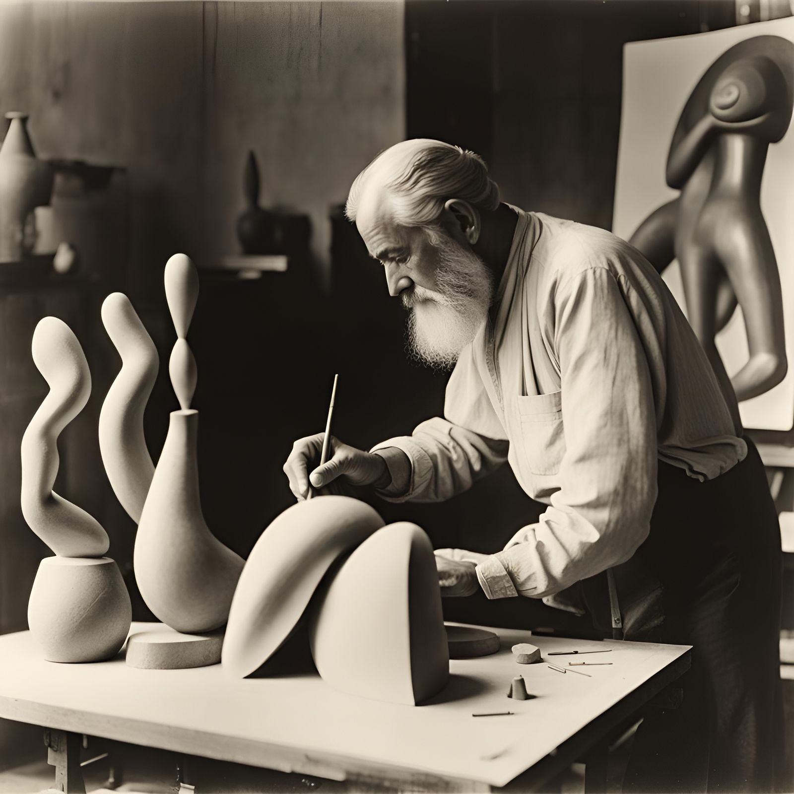 World-famous Romanian sculptor and pioneer of modernism – Constantin Brancusi (1876-1957) – working in his Paris studio ...