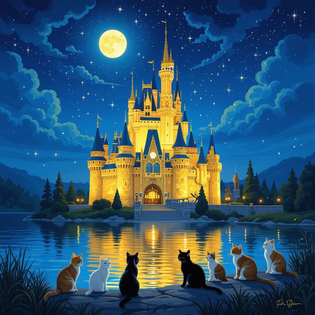 Glowing Castle Under Starry Night Sky with Cats