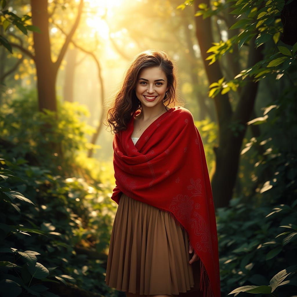 Enchanting Forest Goddess in Vibrant Red Shawl