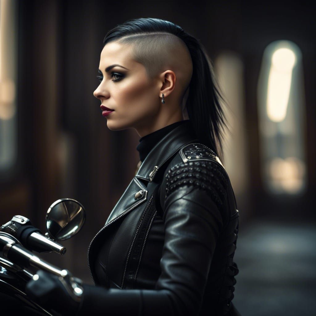 Goth Biker Woman in Moody, Hyperrealistic Style