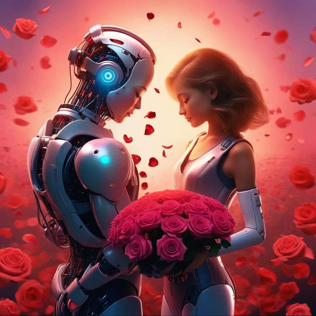 Cybernetic Love: Woman, Roses, and Tech Harmony