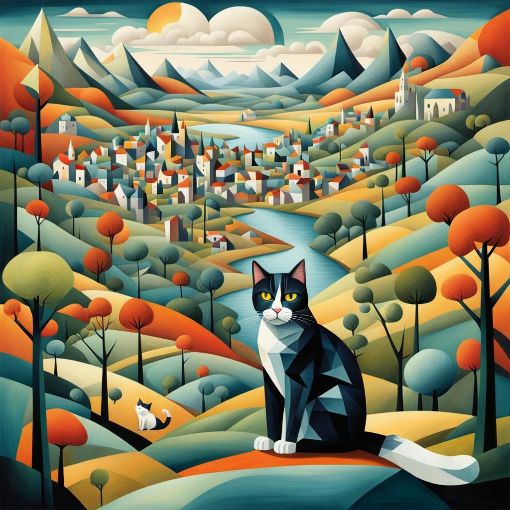 Cubist Landscape of Cats Ruling the World